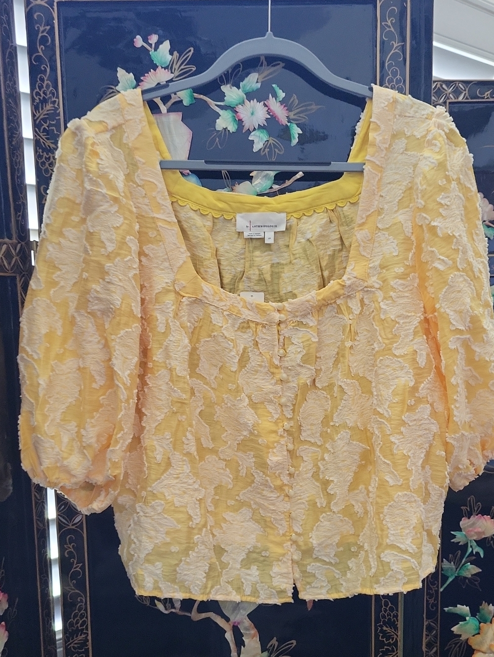 Anthropologie Yellow Cream Floral Textured Puff-Sleeve Blouse